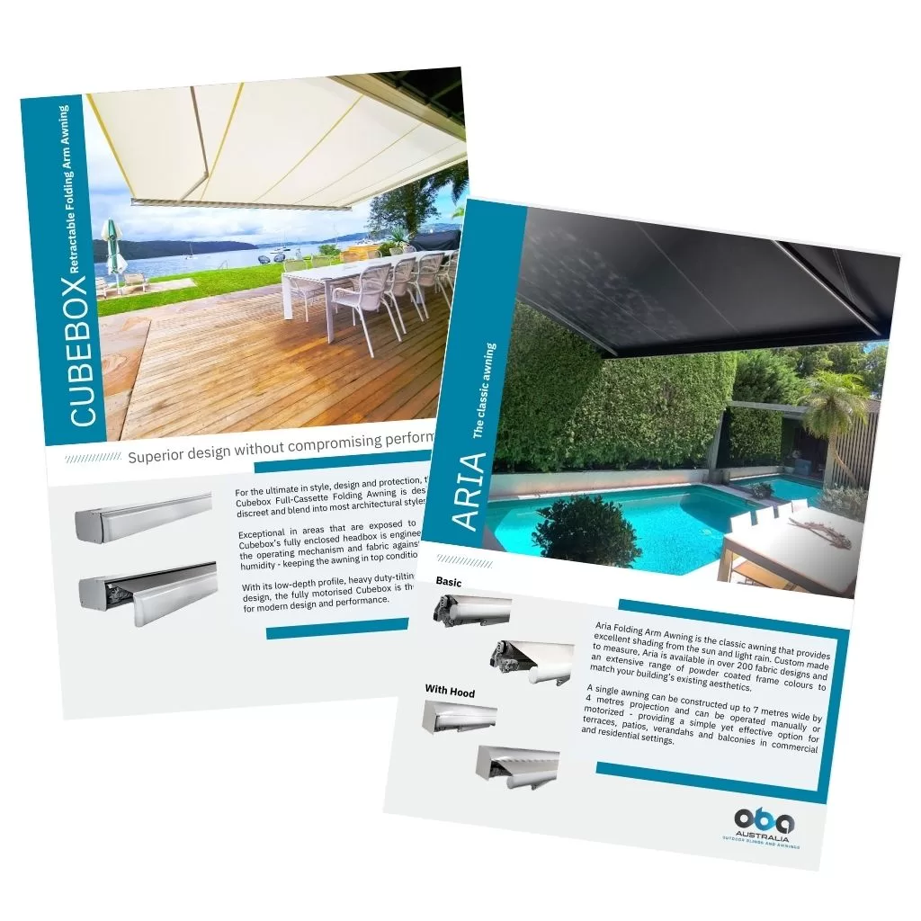 Outdoor blinds and awnings brochures and warranty documents