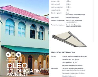 Cleo Semi-Cassette Folding Arm Awning, retractable awning by Outdoor Blinds and Awnings (OBA) Specification Sheet
