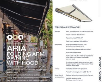 Aria (WITH HOOD) Folding Arm Awning, retractable awning by Outdoor Blinds and Awnings (OBA) Specifications Sheet