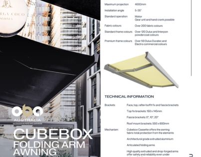 Cubebox Full-Cassette Folding Arm Awning, retractable awning by Outdoor Blinds and Awnings (OBA) Specification Sheet