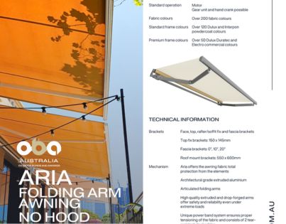 Aria (NO HOOD) Folding Arm Awning, retractable awnings by Outdoor Blinds and Awnings (OBA) Specifications Sheet