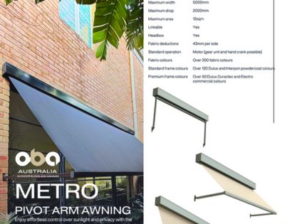 Metro Pivot Arm Specification Sheet by Outdoor Blinds and Awnings (OBA)