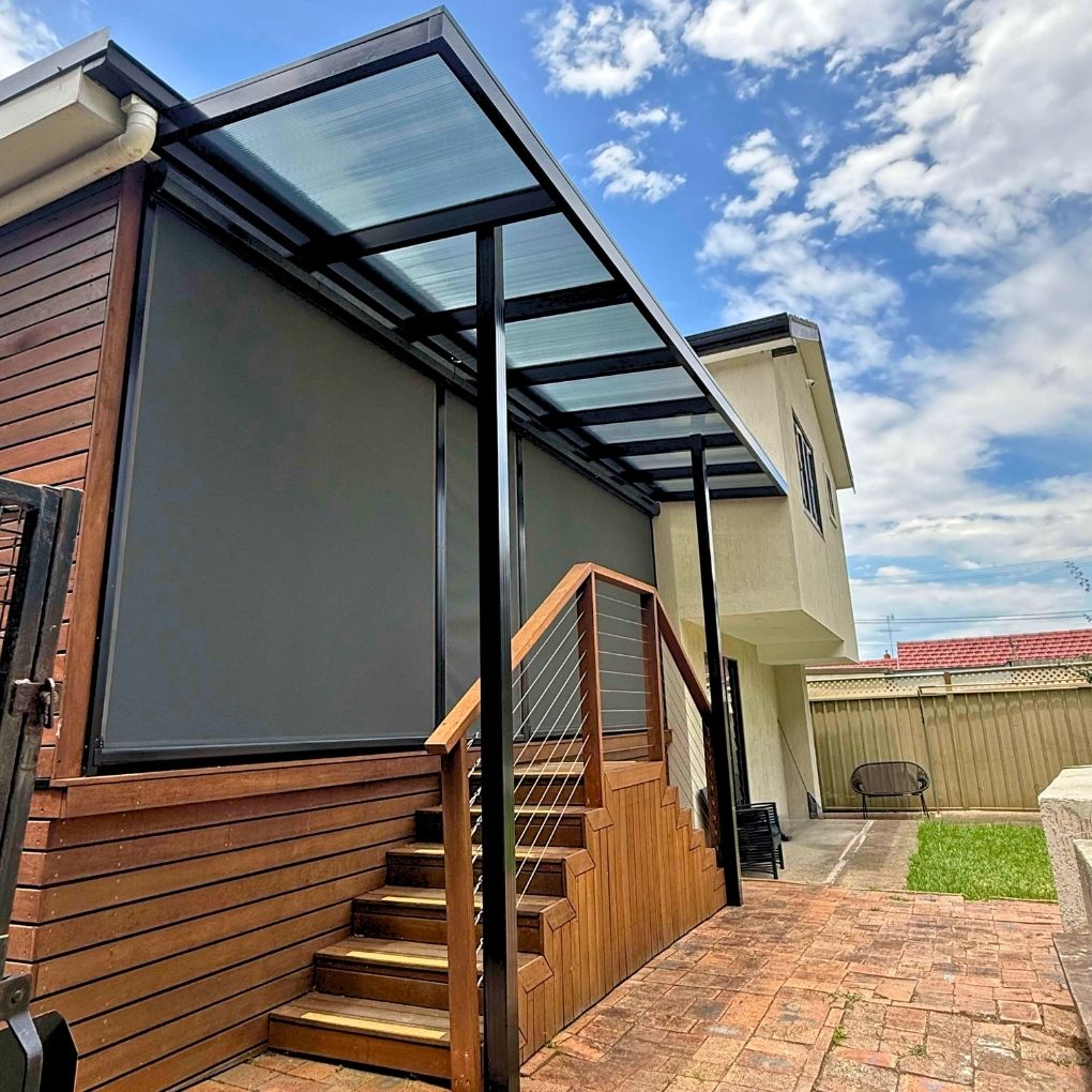 Polycarbonate Pergola and Screentex Zip Outdoor Blinds by Outdoor Blinds and Awnings (OBA)