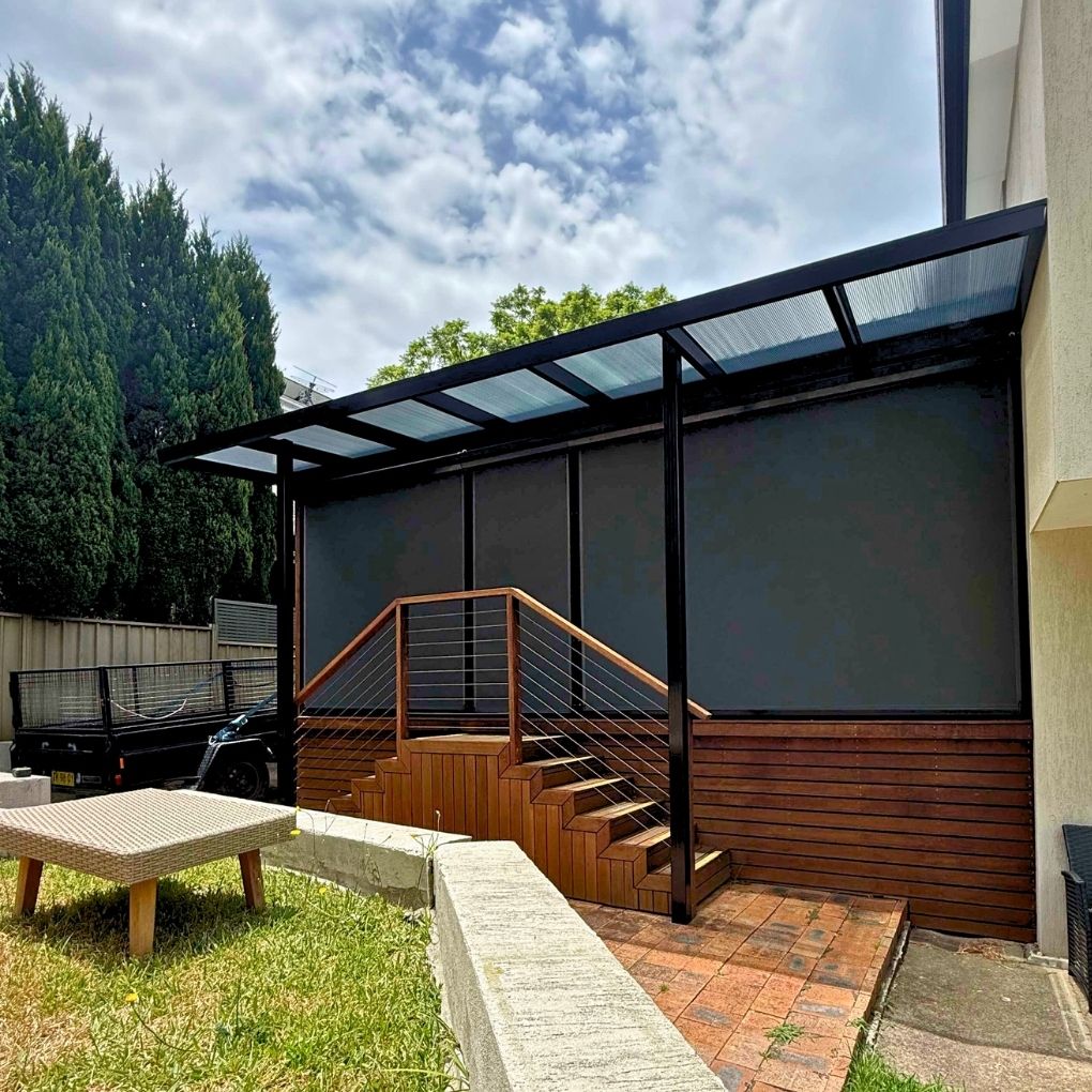 Polycarbonate Pergola and Screentex Zip Outdoor Blinds by Outdoor Blinds and Awnings (OBA)