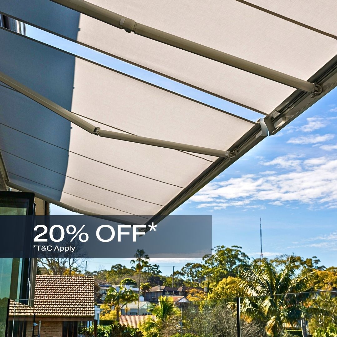 Folding Arm Awnings_ Summer Sale from Outdoor Blinds and Awnings (OBA), Save 20% off, T&C Apply.