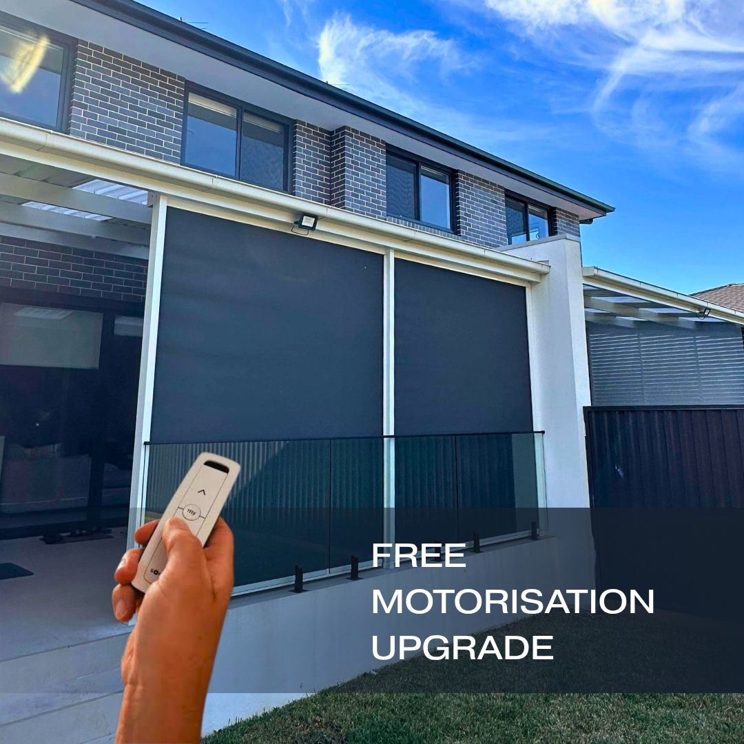 Outdoor Blinds and Awning (OBA) Free Motorisation upgrade with every Screentex Outdoor Blinds offer runs from 1 July to 31 August 2026. T&C Apply.