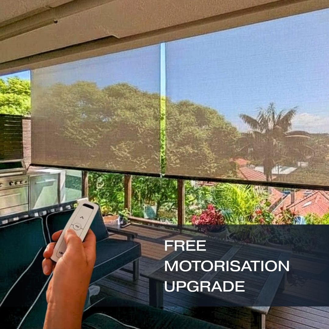 Outdoor Blinds and Awning (OBA) Free Motorisation upgrade with every Screentex Outdoor Blinds offer runs from 1 July to 31 August 2026. T&C Apply.