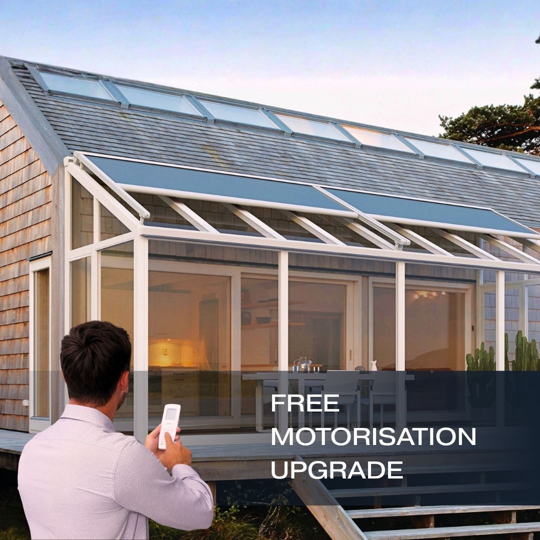 Outdoor Blinds and Awning (OBA) Free Motorisation upgrade with every Conservatory Awning offer runs from 1 July to 31 August 2026. T&C Apply.