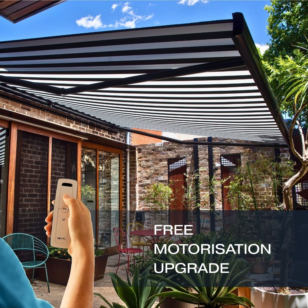 Outdoor Blinds and Awning (OBA) Free Motorisation upgrade with every Folding Arm Awning offer runs from 1 July to 31 August 2026. T&C Apply.