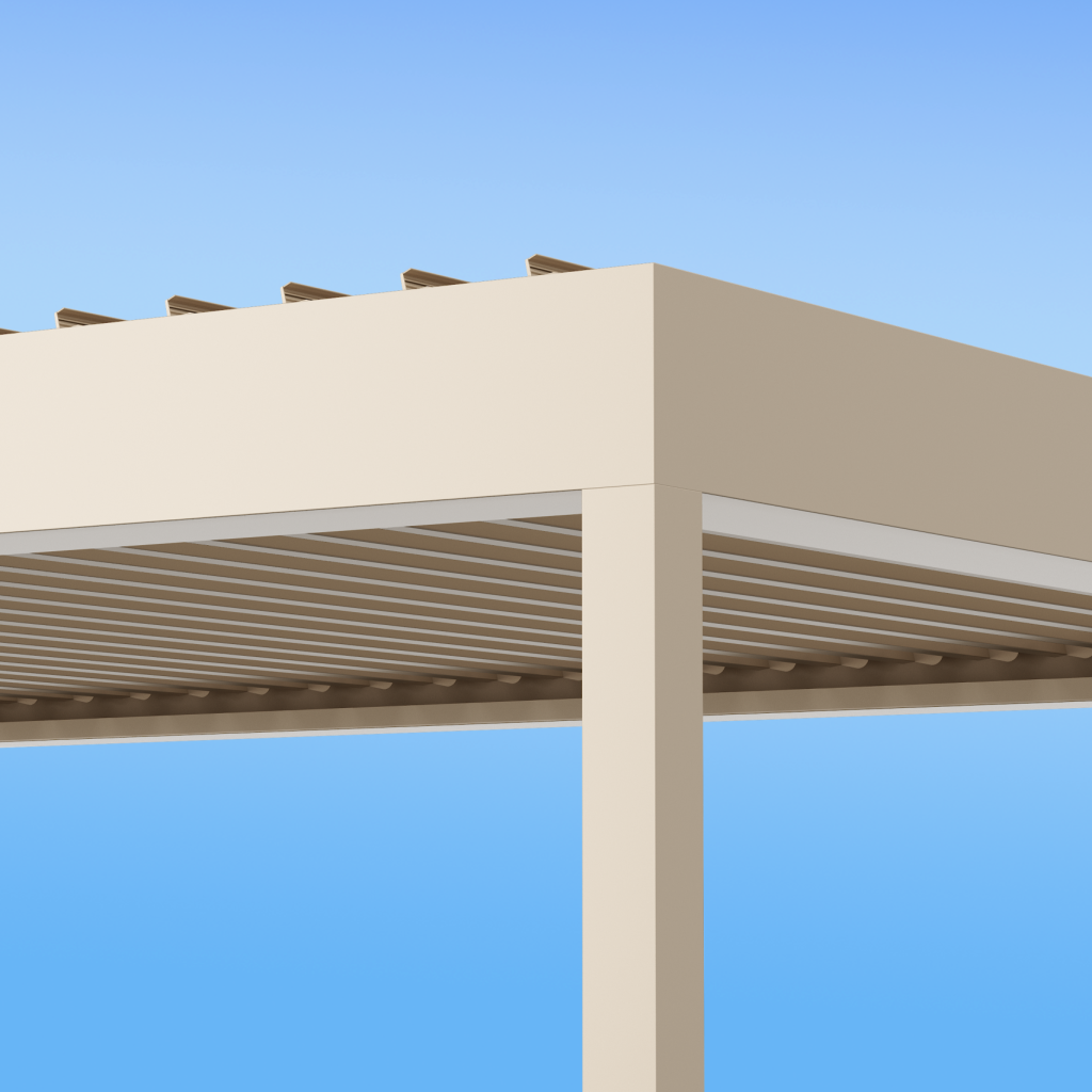 Med Twist Opening Louvre Roof CORNER DETAIL By Outdoor Blinds and Awnings (OBA)